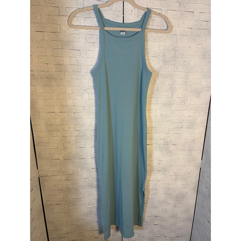Old Navy women's tank dress maxi blue travel‎ summer side slit minimalist casual